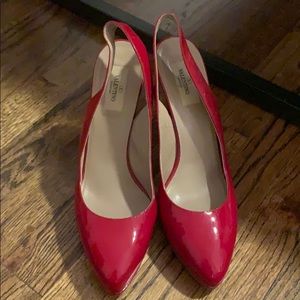 Valentino red patent leather platform sling pumps